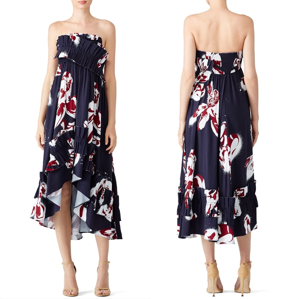 Cedric Charlier Italy Runway Ruffled Hi Low Strapless Midi Dress in Navy